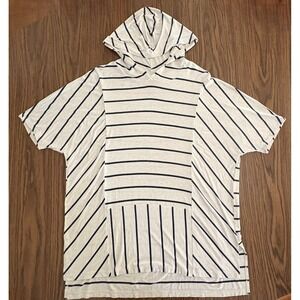 Zenergy by Chico's Hoodie Short Sleeve Striped 3 Petite (L/XL) Oatmeal Navy ⛱️